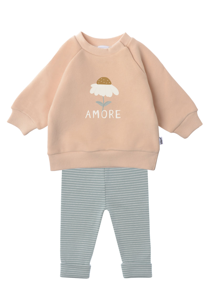 2 teiliges Set mit Sweatshirt in beige und Gänseblümchen Aufdruck und schilf-ecru geringelter Leggings.