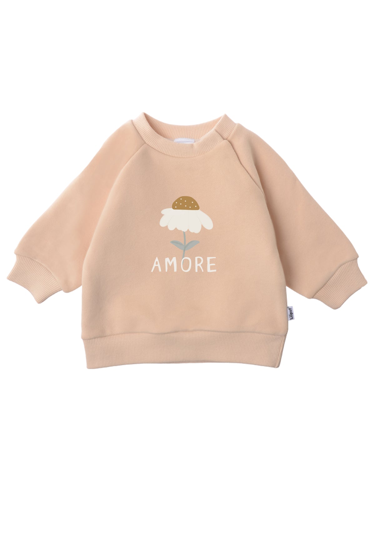 Frontansicht des beigen Sweatshirts mit Gänseblümchen Aufdrucks.