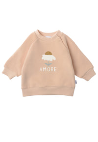 Frontansicht des beigen Sweatshirts mit Gänseblümchen Aufdrucks.