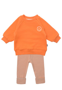 2tlg. Set mit Sweatshirt in orange "smily" und orange/beige gestreiften Leggings