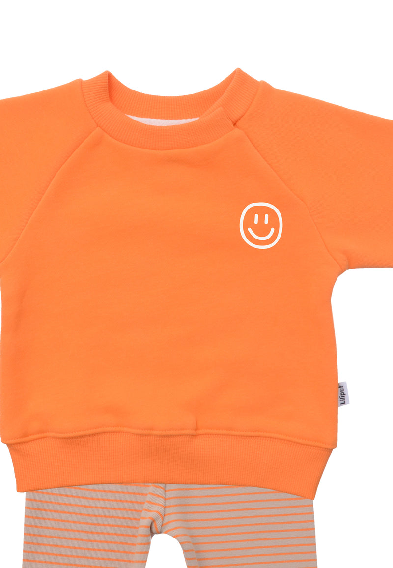 Im Detail 2tlg. Set mit Sweatshirt in orange "smily" und orange/beige gestreiften Leggings