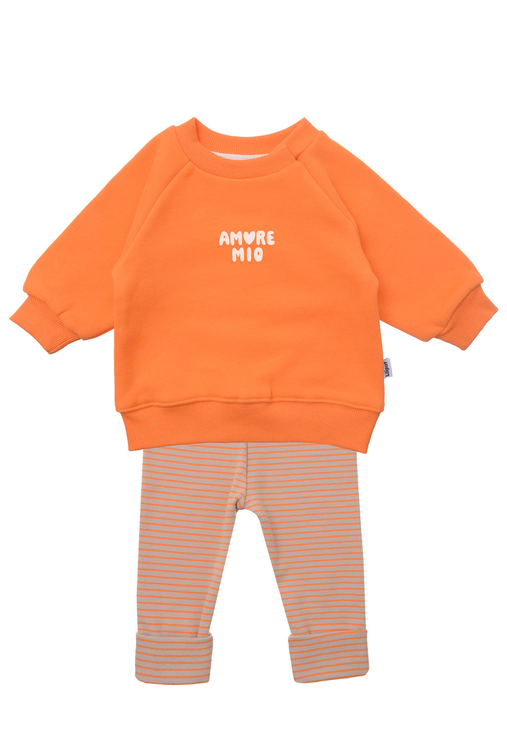 2tlg. Set mit Sweatshirt in orange  "amore mio" und orange/beige gestreifter Leggings