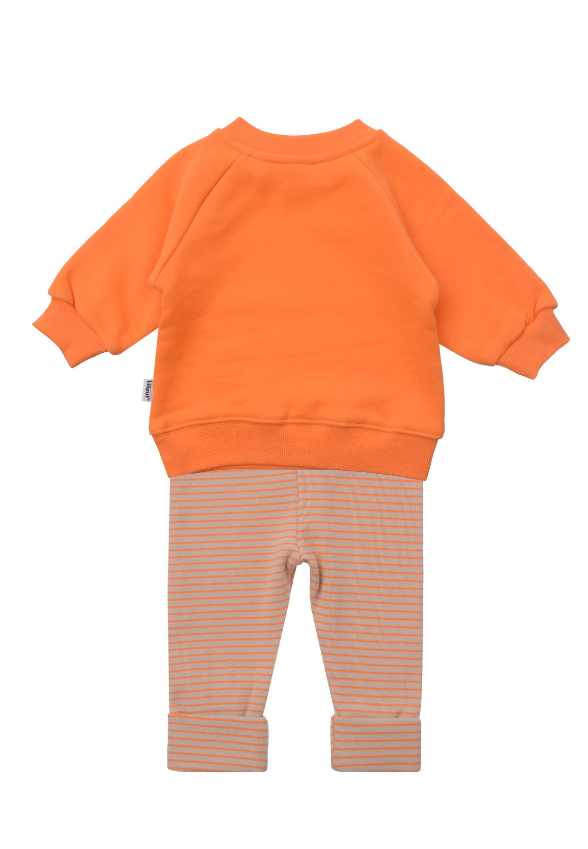 Rückseite vom 2tlg. Set mit Sweatshirt in orange  "amore mio" und orange/beige gestreifter Leggings