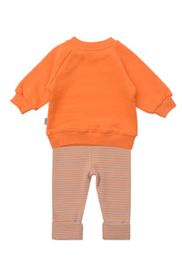 Rückseite vom 2tlg. Set mit Sweatshirt in orange  "amore mio" und orange/beige gestreifter Leggings