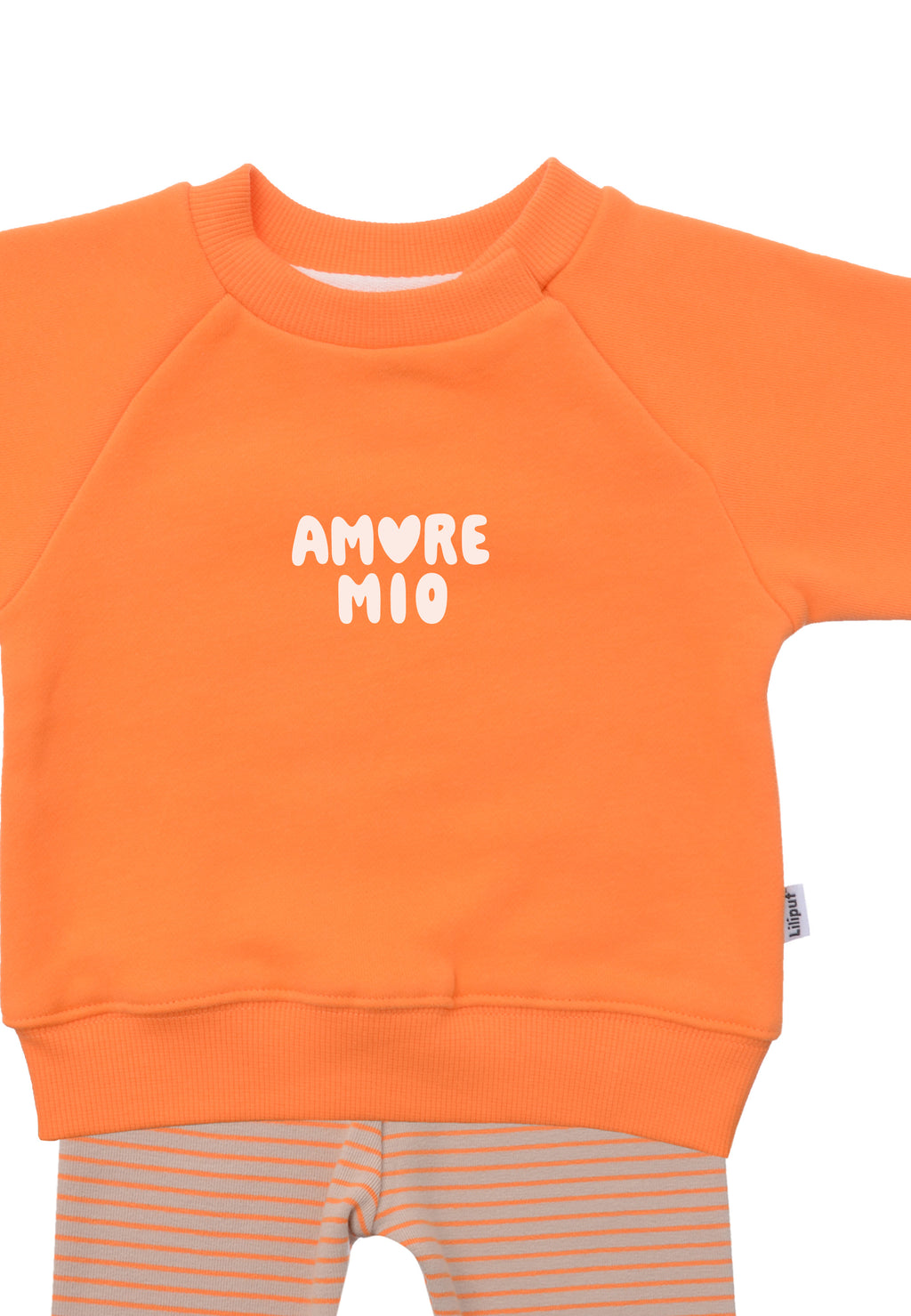 2tlg. Set mit Sweatshirt in orange  "amore mio" und orange/beige gestreifter Leggings