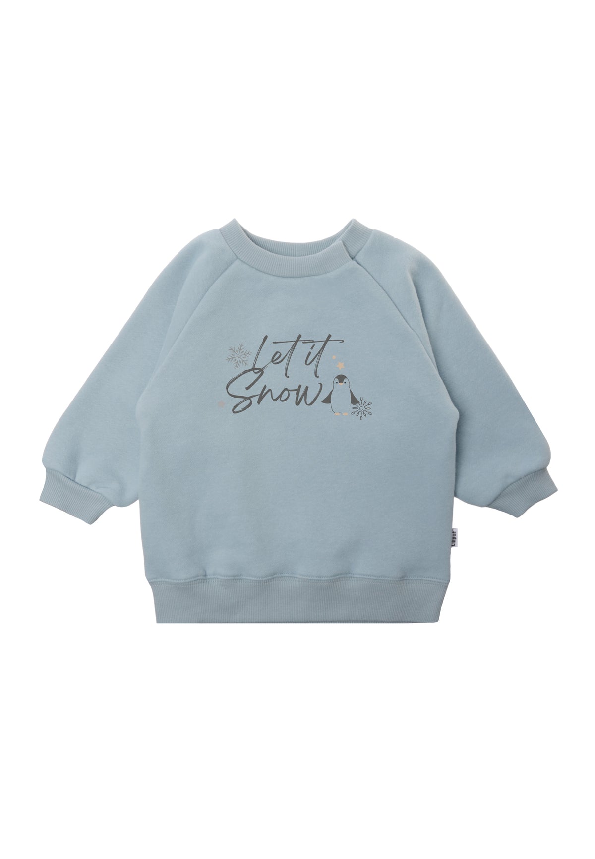 Sweatshirt in hellblau mit let it snow Aufdruck und niedlichem Pinguin.