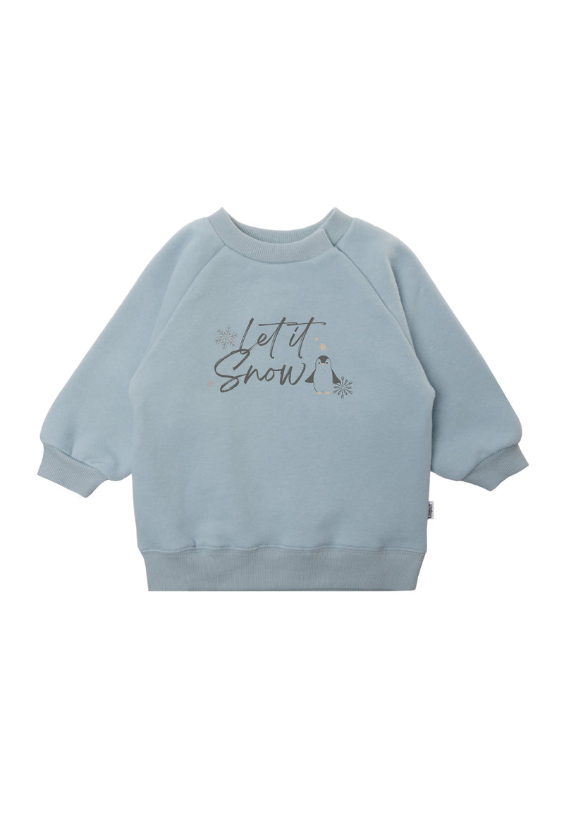 Sweatshirt in hellblau mit let it snow Aufdruck und niedlichem Pinguin.