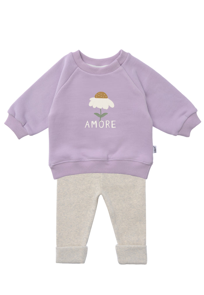 2-teiliges Baby Set mit fliederfarbenem Sweatshirt mit "Amore"-Aufdruck und hellgrauer Leggings, flach auf weißem Hintergrund gelegt