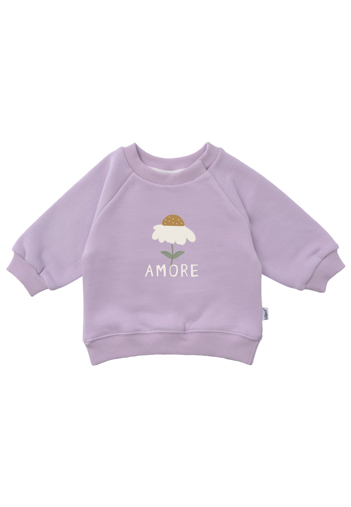 fliederfarbenem Sweatshirt mit "Amore"-Aufdruck