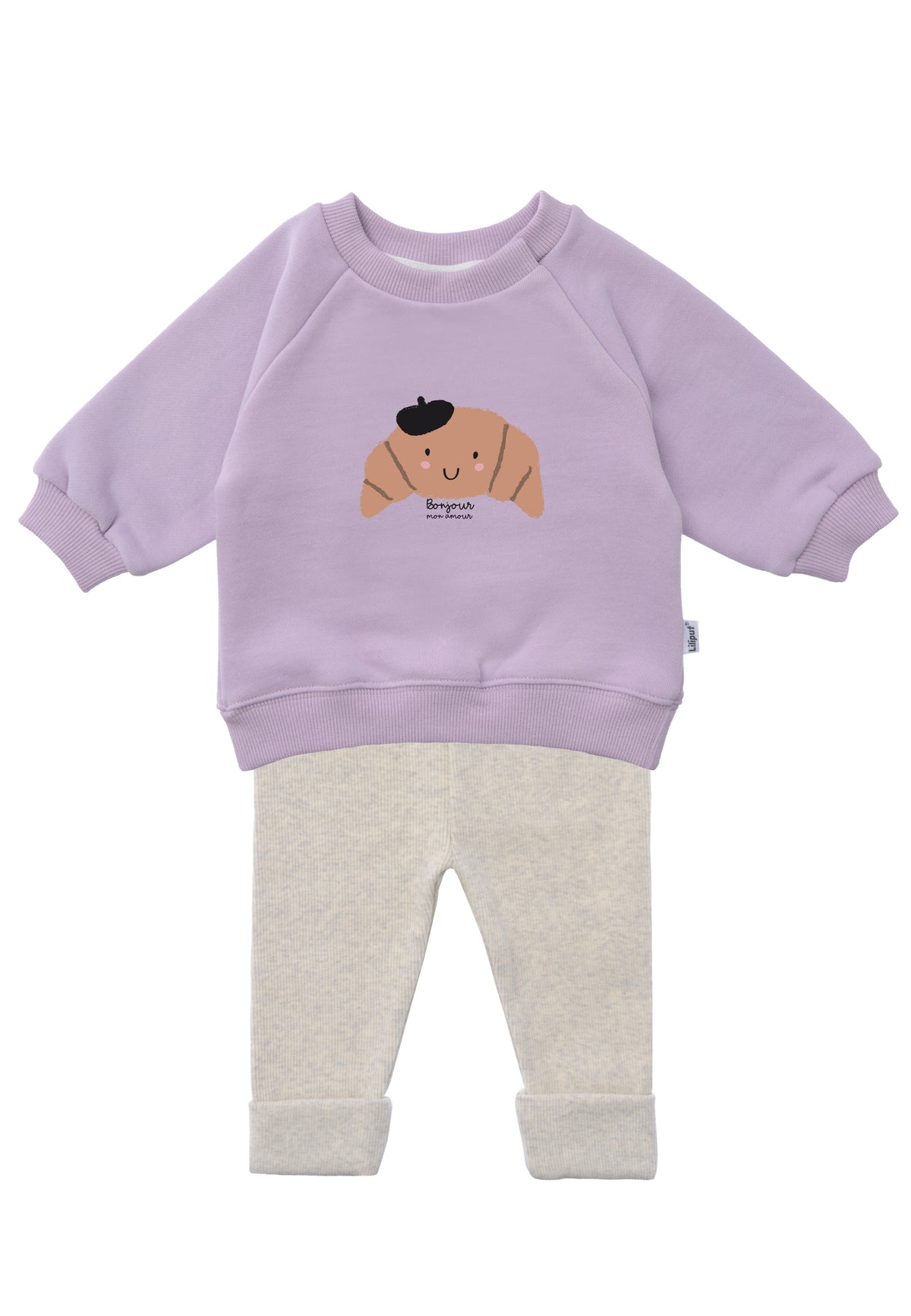 Kids Outfit mit niedlichem Sweater in flieder und Croissant Aufdruck + passende Leggings in hellgrau melange.