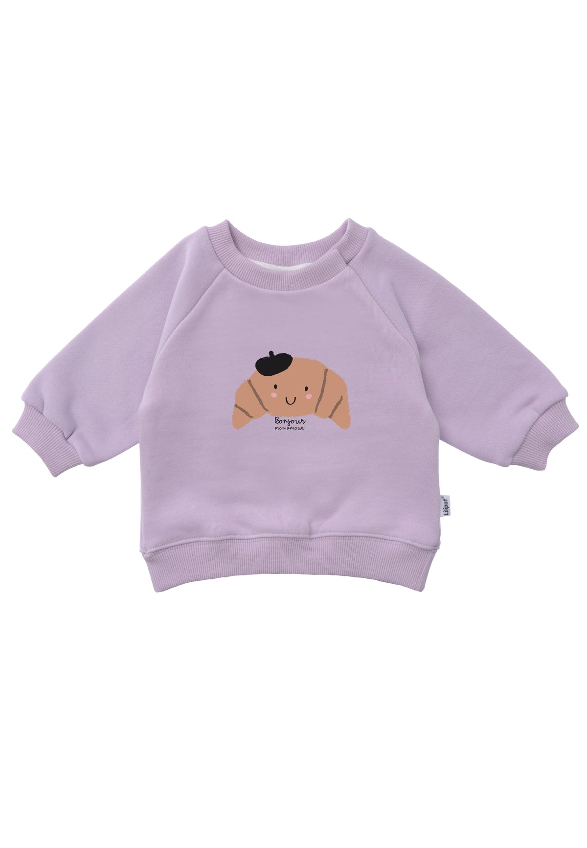 Vorderansicht des Sweaters in flieder mit Croissant Print.