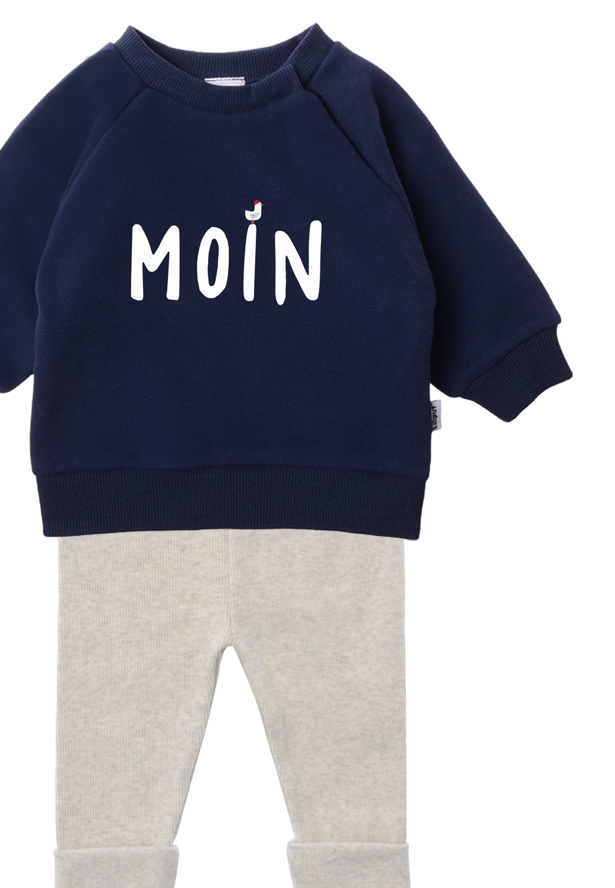 2-teiliges Baby Set mit dunkelblauem Sweatshirt mit "MOIN"-Aufdruck und hellgrauer Leggings, flach auf weißem Hintergrund präsentiert