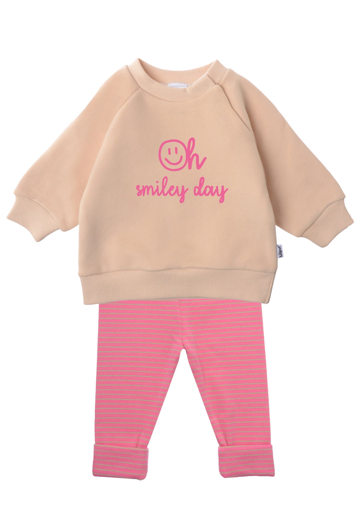2-teiliges Baby Set mit beigem Sweatshirt mit pinkem „Oh smiley day“-Print und pink-rosa gestreifter Leggings, flach auf weißem Hintergrund