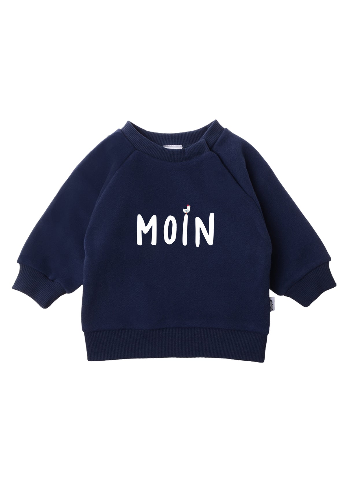  Sweatshirt mit "MOIN"-Aufdruck flach auf weißem Hintergrund