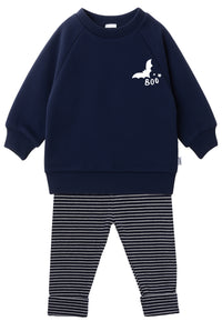 2tlg. Set mit Sweatshirt "Boo" in marine und Ringel Leggings
