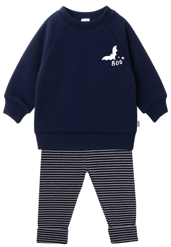 2tlg. Set mit Sweatshirt "Boo" in marine und Ringel Leggings