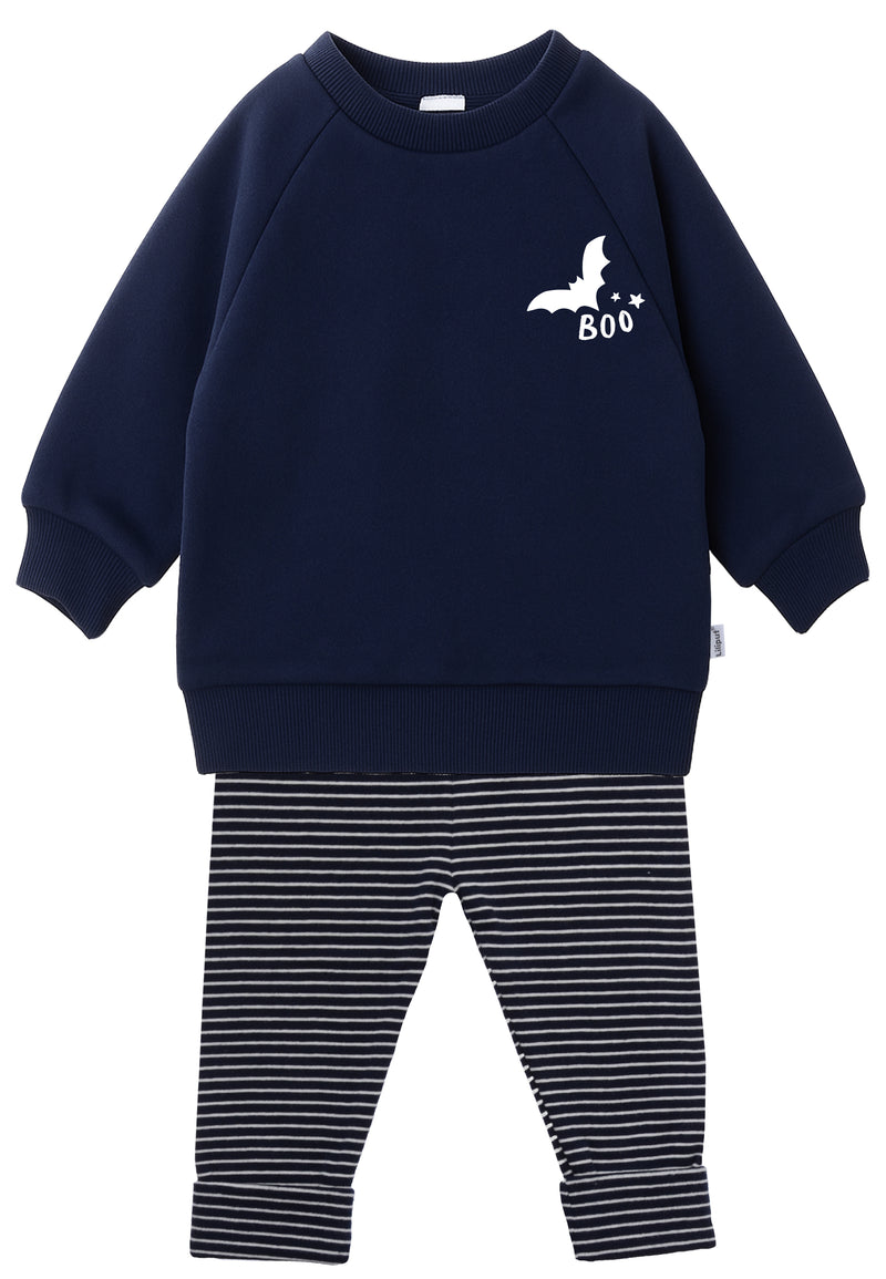 2tlg. Set mit Sweatshirt "Boo" in marine und Ringel Leggings