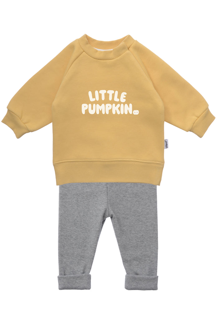2tlg. Set mit Sweatshirt "little pumpkin" in gelb und dunkelgrauer Leggings