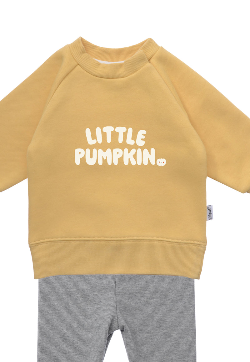2tlg. Set mit Sweatshirt "little pumpkin" in gelb und dunkelgrauer Leggings