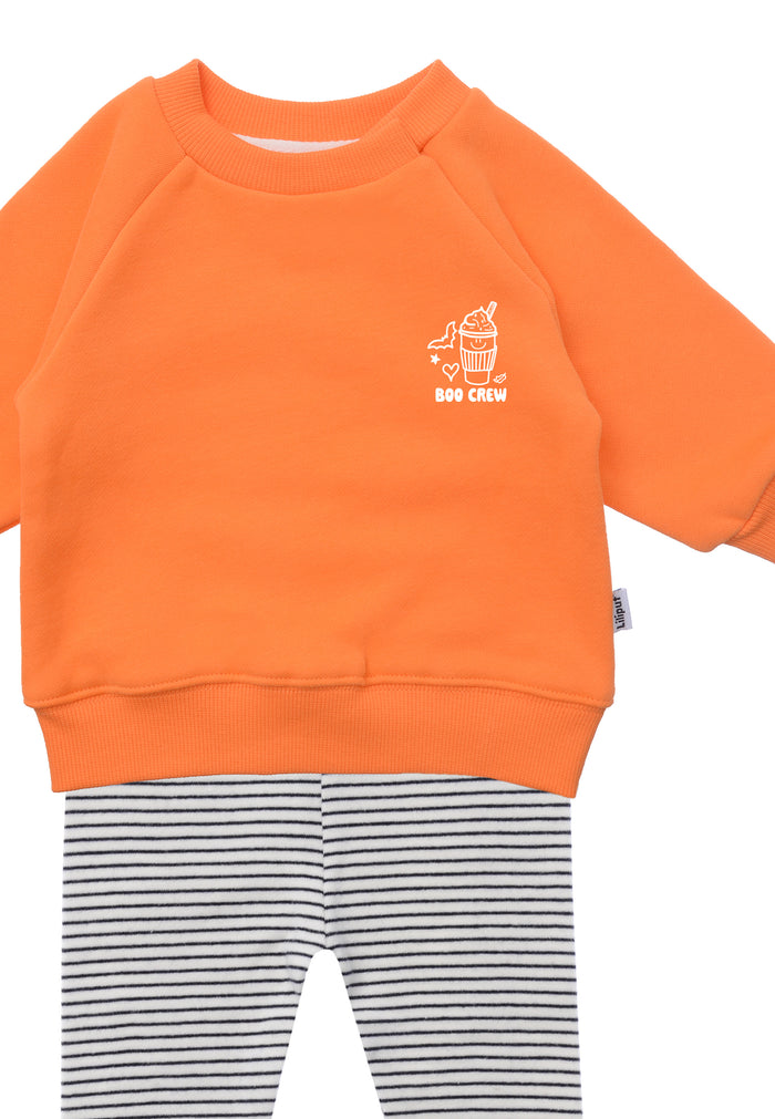 2tlg. Set mit Sweatshirt "Boo Crew" in orange und Ringel Leggings