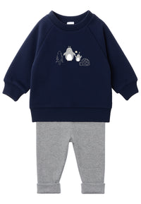 2-teiliges Baby-Set mit Sweatshirt & Leggings – Pinguine in Marineblau/Grau