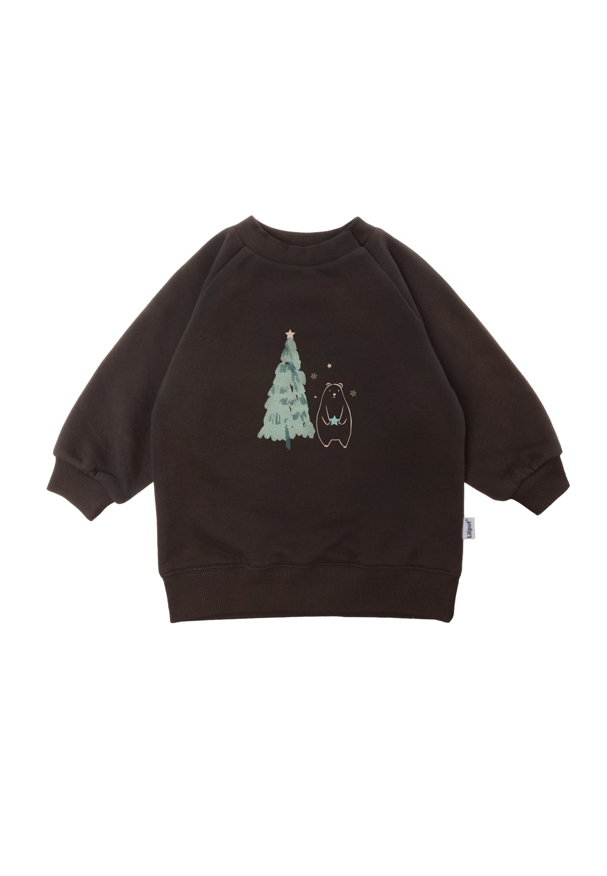 Sweatshirt in braun mit winterlichem Tannenbaum und Bärchen Aufdruck.