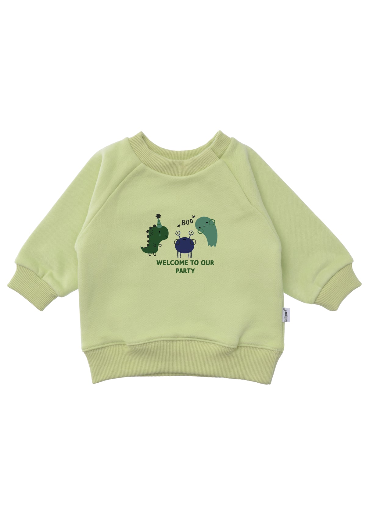 Sweatshirt in hellgrün mit Halloweenprint.