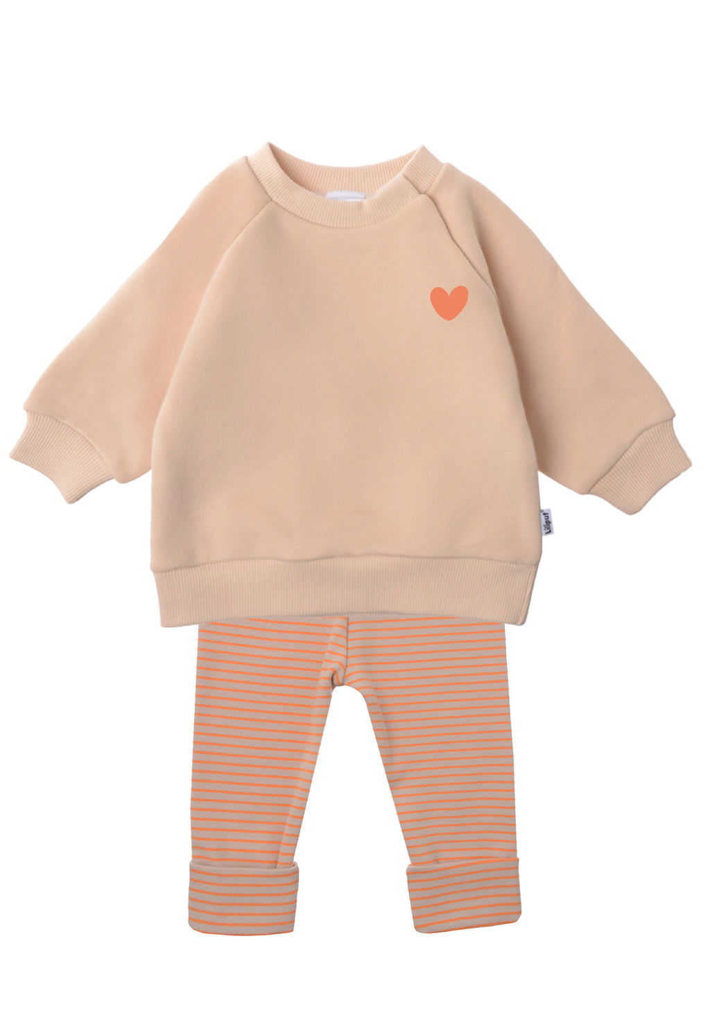 2tlg. Set mit Sweatshirt beige mit dem Druck "Herz" und einer beige/orange gestreiften Leggings