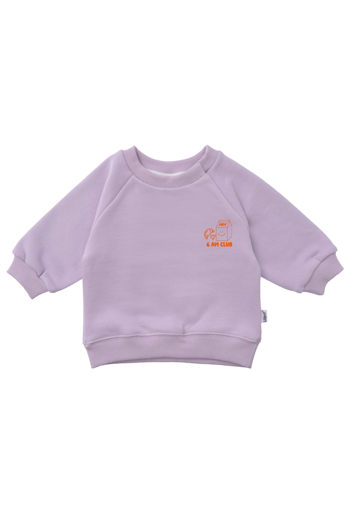 Kids Sweater in flieder mit orangenem 6am Club Print vorne.