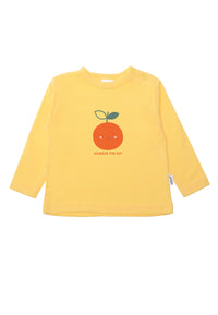 Gelbes Langarmshirt mit fröhlichem Print "squeeze the day".