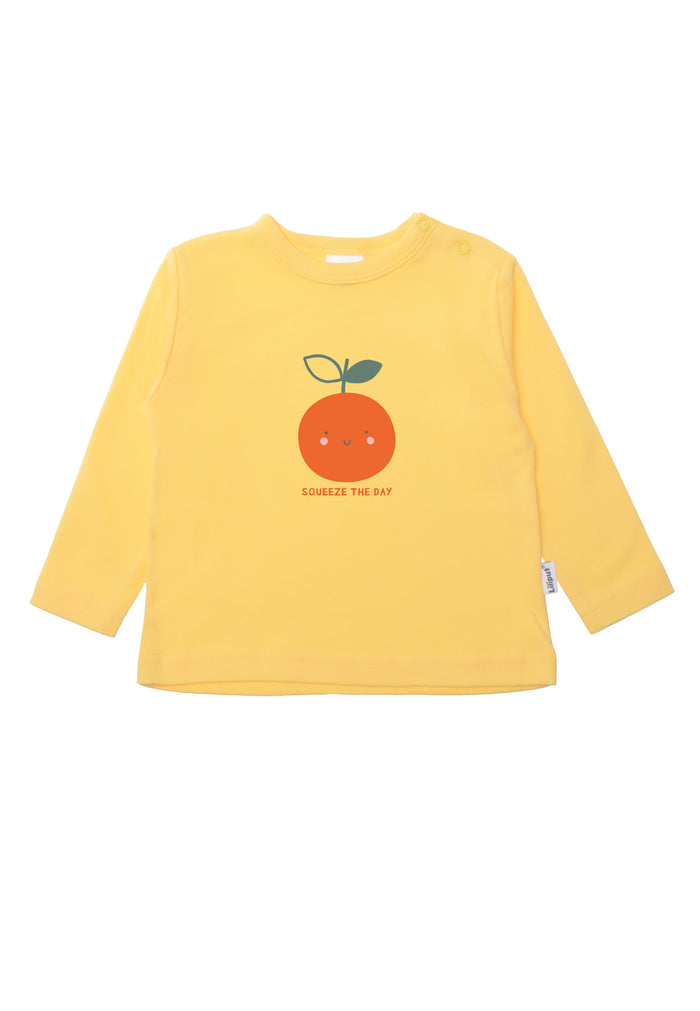 Gelbes Langarmshirt mit fröhlichem Print "squeeze the day".