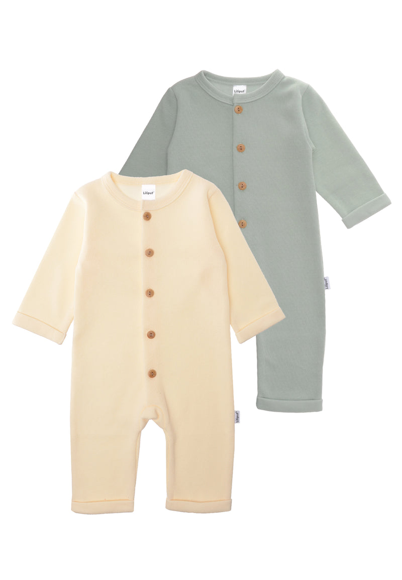 Doppelpack Ribstrick Overalls in schilf und ecru. 