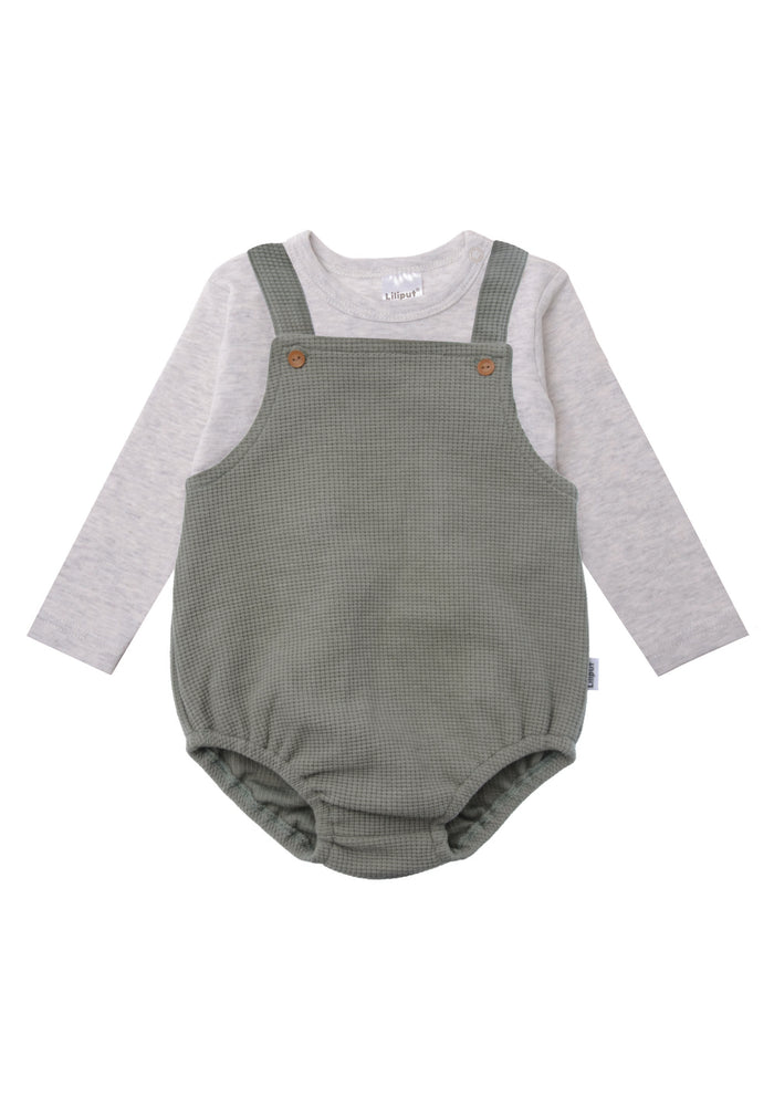 Stylisches 2tlg Set: Olive Latzhose und Grau Melange Langarmshirt - Vorderansicht