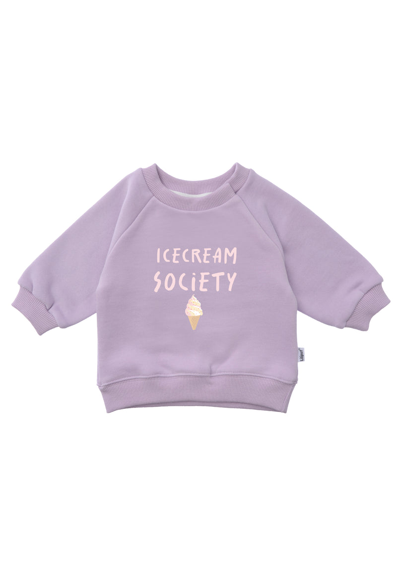 Sweatshirt in flieder mit Raglanämrlen und Ribbündchenund dem Spruch "icecream society".