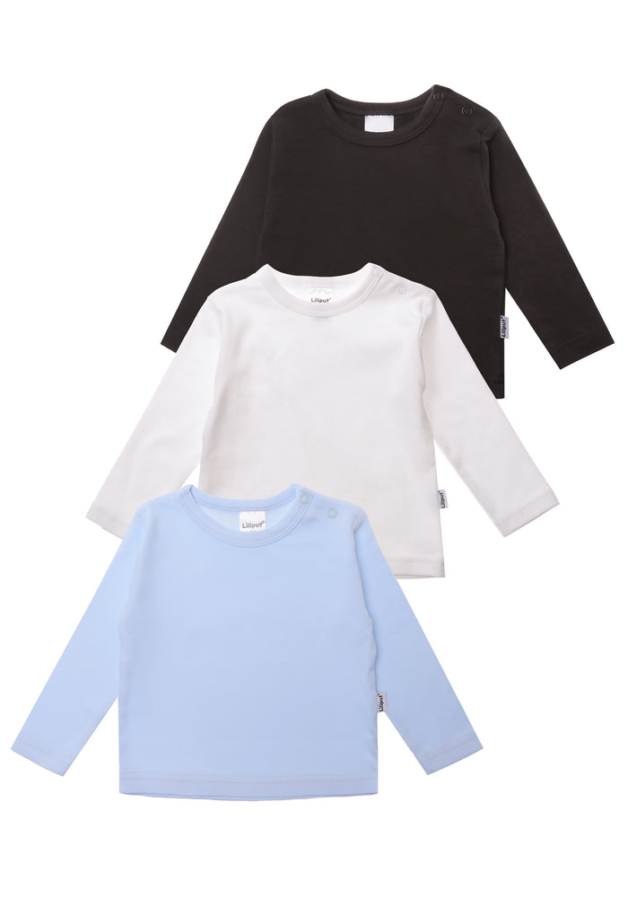3er Pack Langarmshirts in anthrazit, weiß und hellblau.