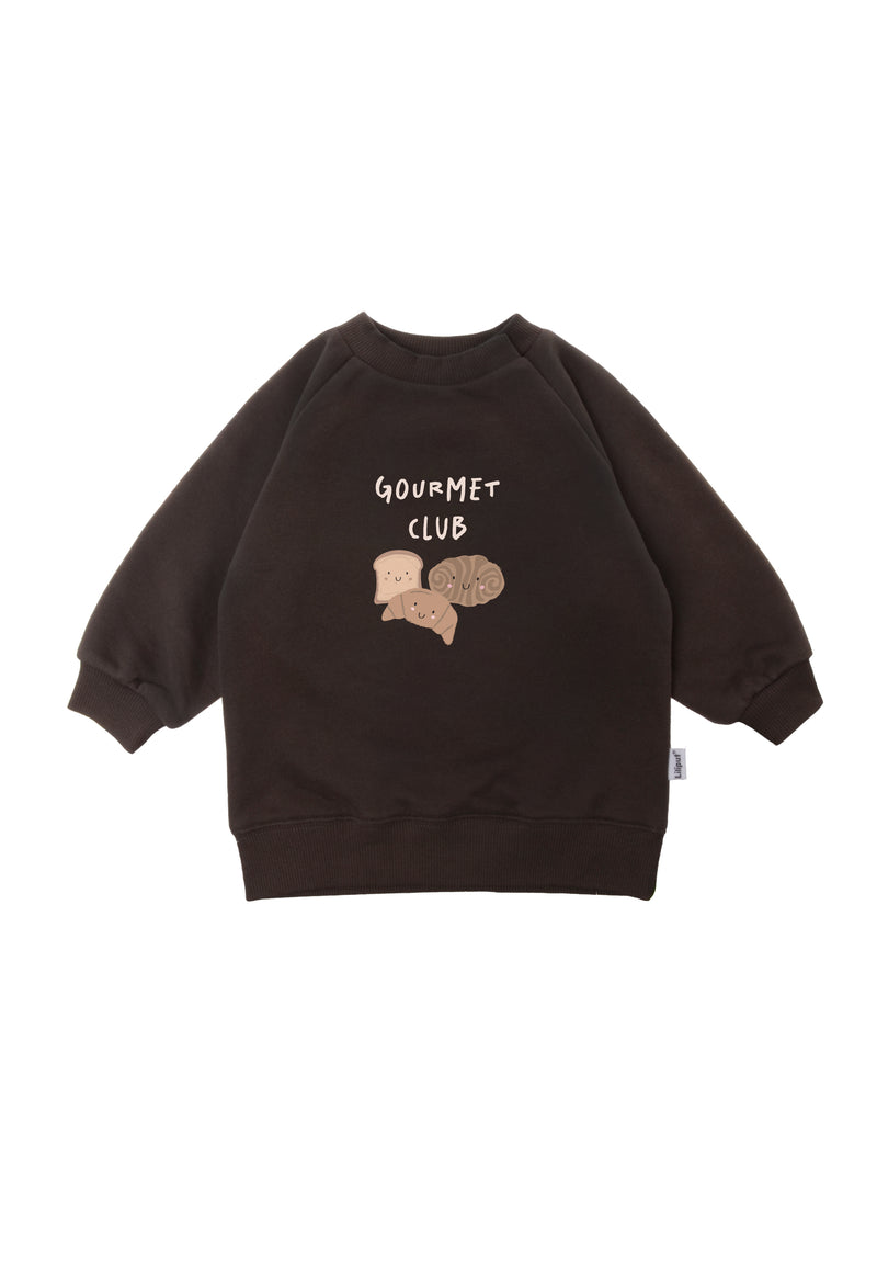 Braunes Sweatshirt mit Raglanärmeln und weichen Ribbündchen und einem Front Print "Gourmet Club."