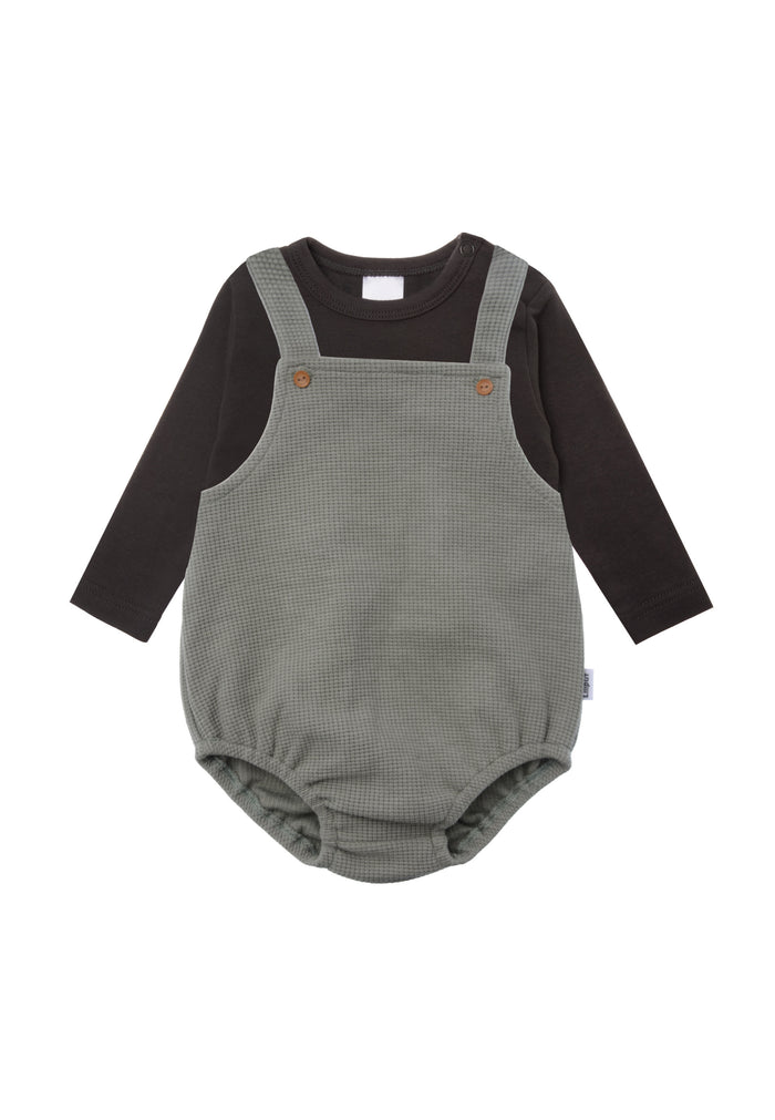 Stylisches 2tlg Set: Olive Latzhose und anthrazit Langarmshirt - Vorderansicht