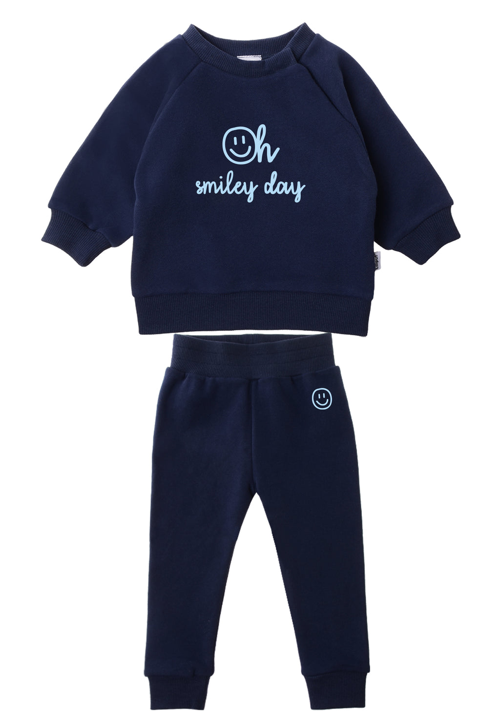 Outfitkombi mit Sweatshirt und Jogginghose in dunkelblau mit coolen Smiley Aufdrucken.