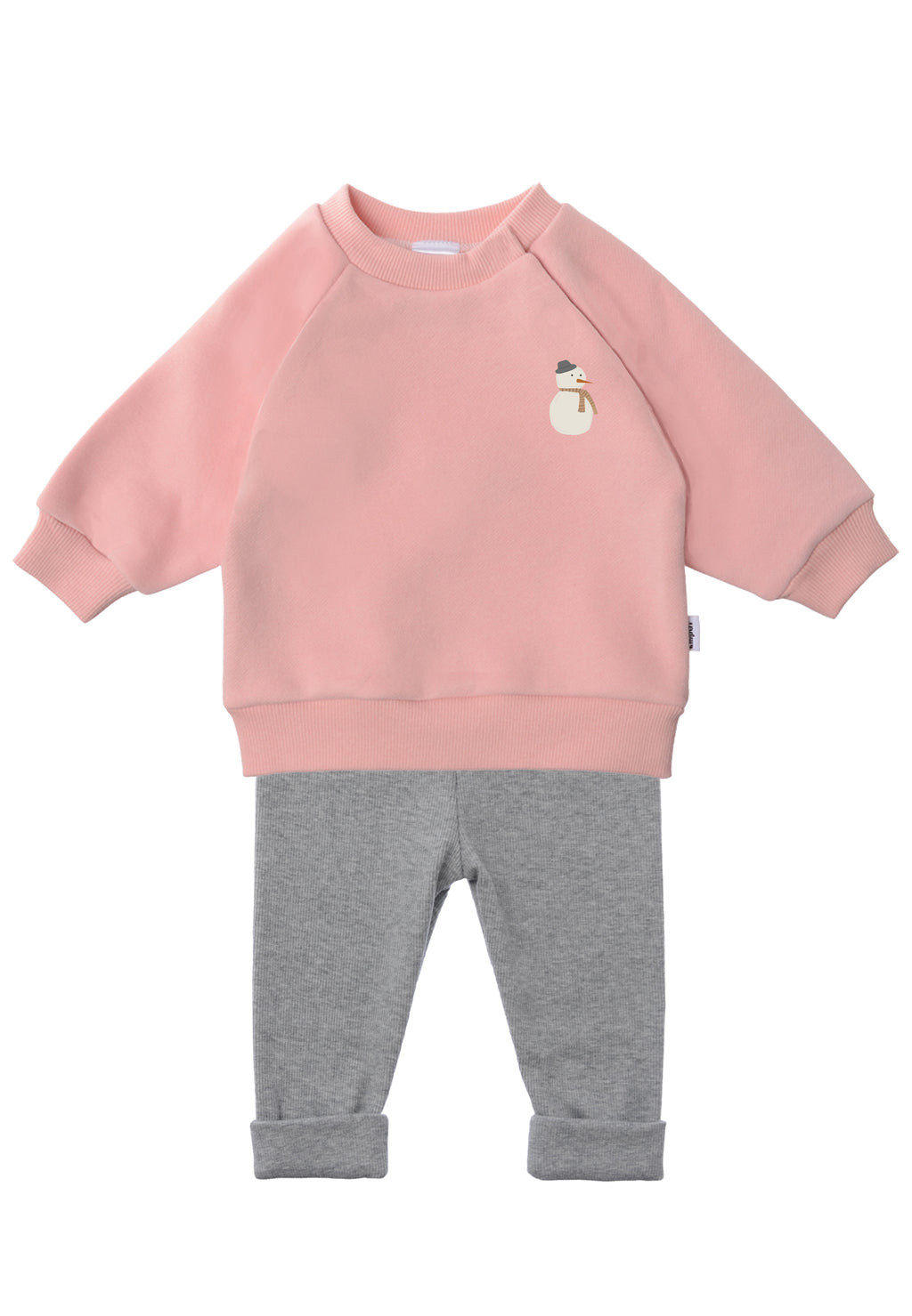 Outfit aus rosa Sweatshirt und dunkelgrauer Leggings mit Schneemannprint auf der linken Brustseite des Sweaters.