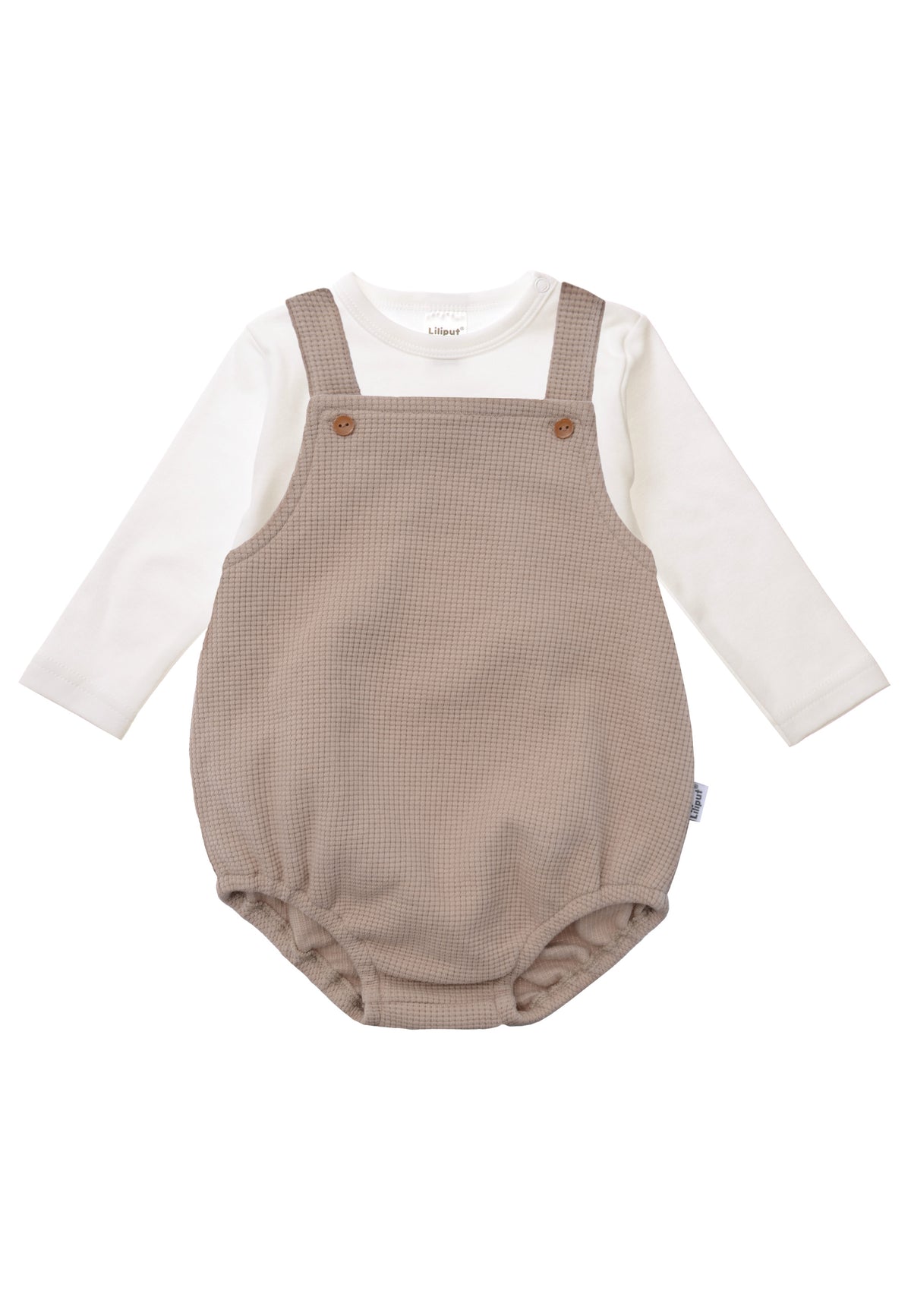 Stylisches 2tlg Set: Beige Latzhose und ecru Langarmshirt - Vorderansicht