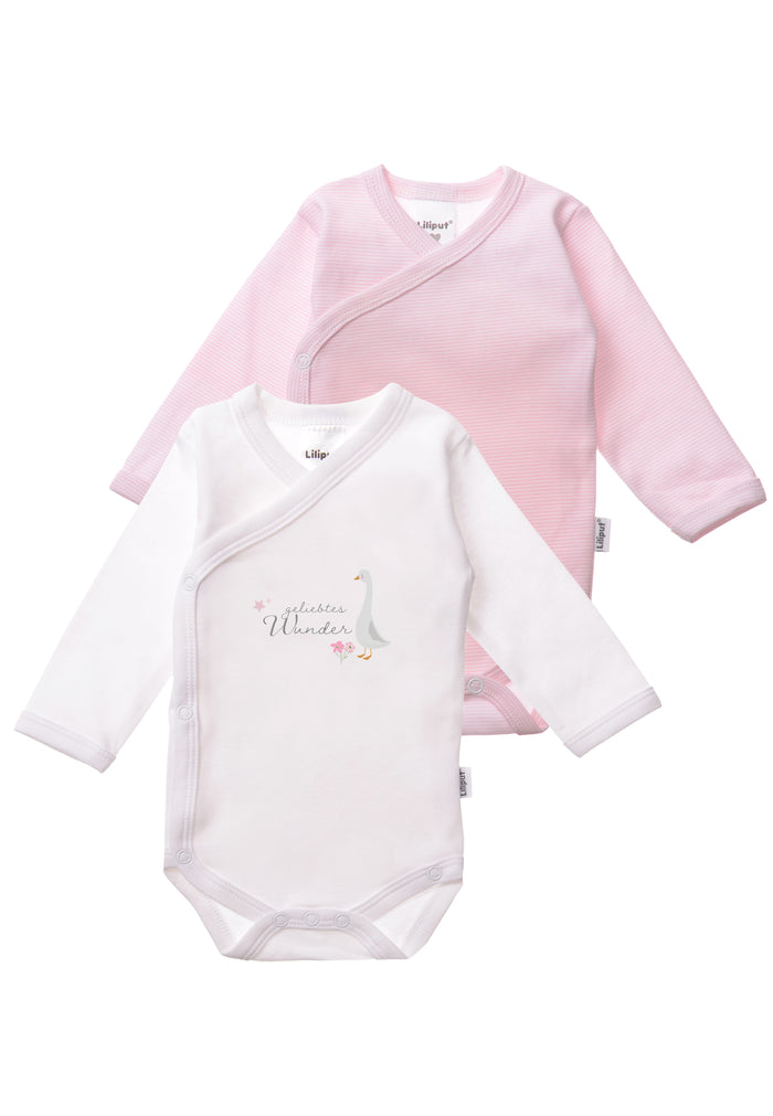 Doppelpack Wickelbodys. 1x rosa gestreift und 1x in weiß mit niedlichem Print "geliebtes Wunder."