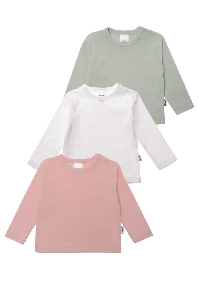3er Pack Langarmshirts in schilf, weiß und rosè.