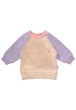 Kinder Multicolor Sweatshirt mit Halsausschnitt in rosa, Armen in flieder und Body in beige. 