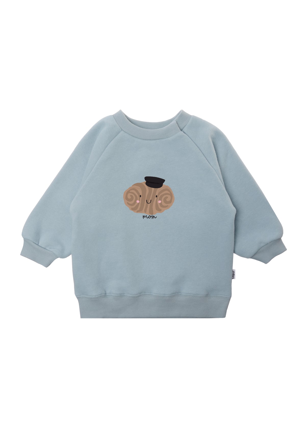 Sweatshirt mit Raglanärmeln in hellblau mit Franzbrötchen Aufdruck und Wording "moin".