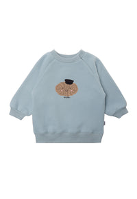 Sweatshirt mit Raglanärmeln in hellblau mit Franzbrötchen Aufdruck und Wording "moin".