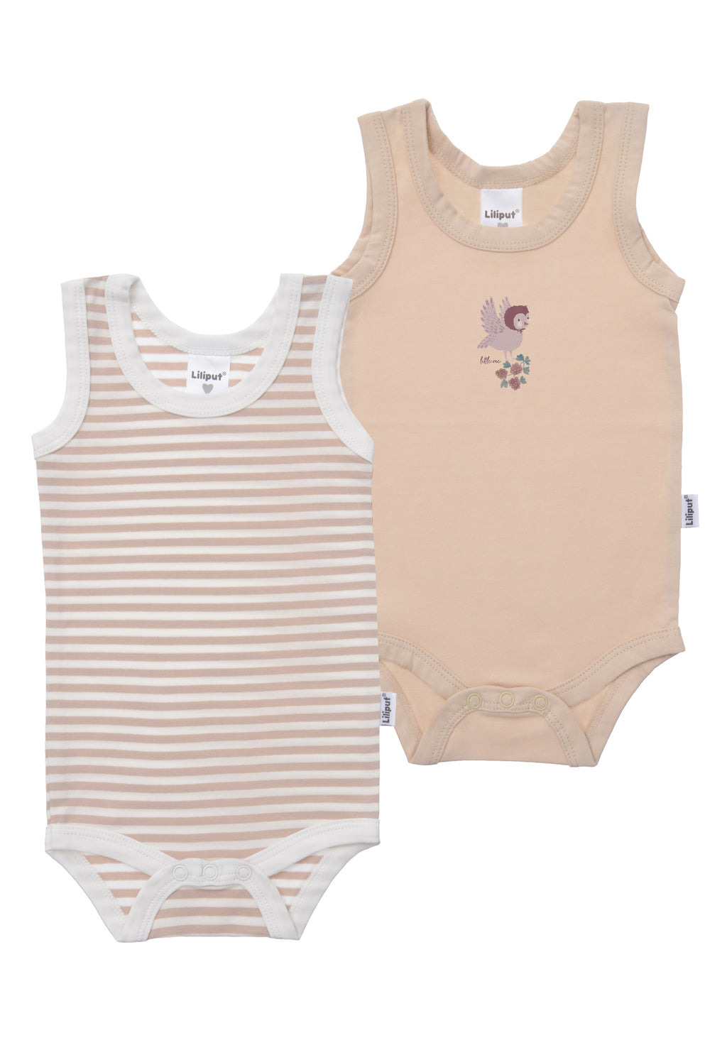 Doppelpack Achselbodys in beige und beige-ecru gestreift mit kleinem Eulen Print.