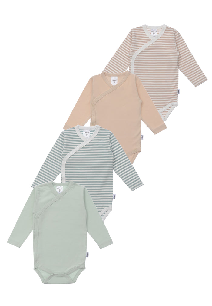 4er Pack Baby Wickelbodys in schilf, beige und gestreiften Dessins.