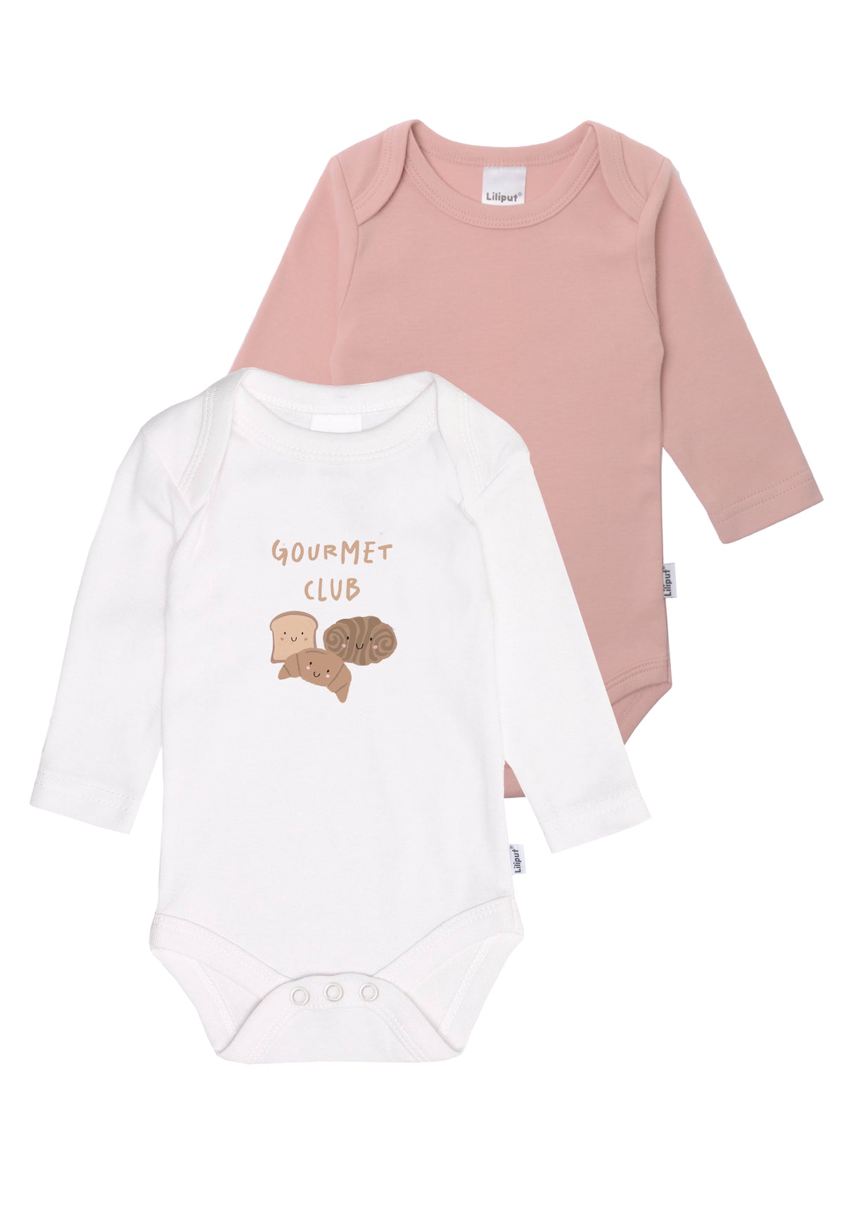 Doppelpack Langarm-Amineckbodys in angenehm weicher Baumwollqualität. Ein Body trägt den niedlichen Gourmet Club Print, der das Herz eines jeden Frühstücksfans hoch schlagen lässt! Der weitere Body ist in einem schlichten rosé und lässt sich wunderbar kombinieren.