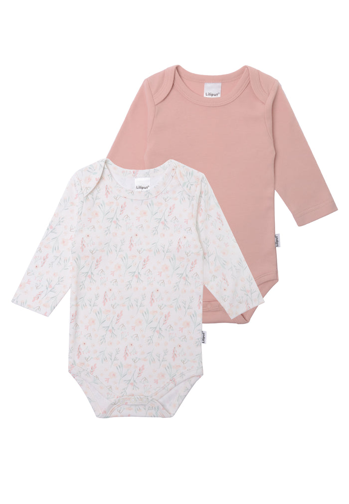 2er-Pack Langarmbodys in rose und AOP Blumen