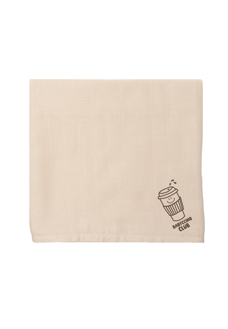 Premium-Musselintuch in beige, groß mit Print "Babyccino Club"